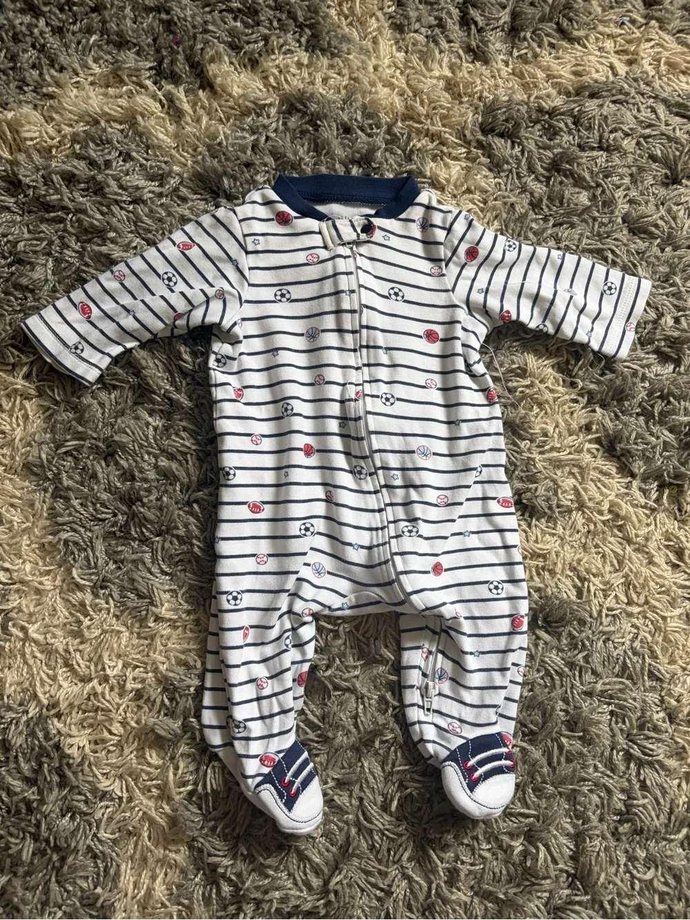 Little Me Navy & White Striped Footed One-Piece with Sports Motifs
